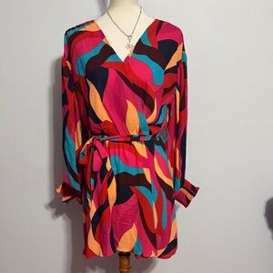 Abstract Print V-Neck Tie-Waist Mini Dress in Pink Teal & Orange